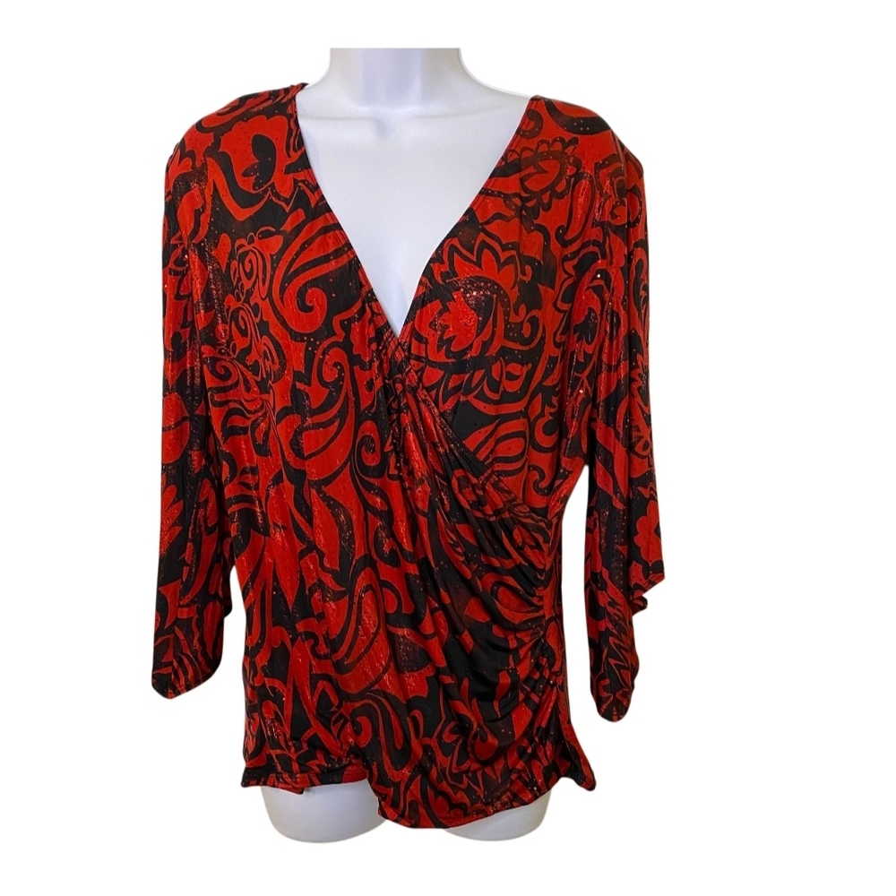 Dress Barn Vibrant Red and‎ Black Patterned Blouse